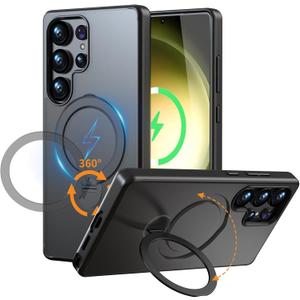 for Samsung Galaxy S23 Ultra Case with Stand,Compatible with Magsafe Wireless Charging,with 360Rotatable Magnetic Ring Holder Kickstand,Slim Protective Phone Cover,Matte Translucent,Black