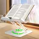 Book Stand for Reading, Adjustable Book Holder with 360Rotating Bases, Ergonomic Cookbook Stand Recipe Book Holder with Elastic Page Clips for Magazines, Tablets, Laptops,Acrylic White