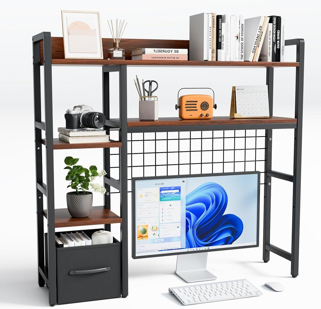 Desk Hutch for Computer Monitor,Desktop Bookshelf Organizer,4 Tier Desk Hutch with Grid Panel,38.6" Desk Shelf Storage Rack for Home Office,Study,Dorm,Black, 38.6" W x 8.3" D x 36.19" H