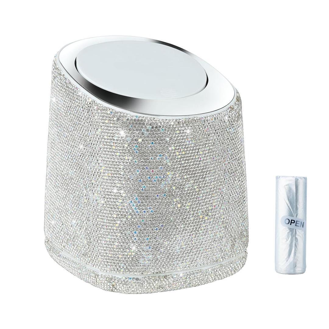 KEYPOWER Bling Rhinestone Small Tabletop Plastic Trash Can Cute Waste Can with Press-Top,Inner Tube and Trash Bags 0.5 Gallon Capacity, Suitable for Home Countertop,Car,Table Desk,Office (White)