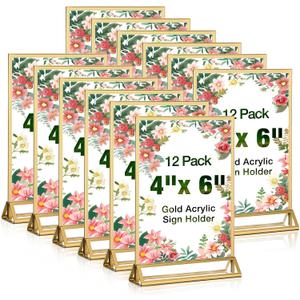 RETON 12 Pack Acrylic Sign Holder, 4x6 Clear Gold Frame Display Stand, Double Sided Picture Menu Flyer Holders, Wedding Table Number Frames for Cards Photo Party Decoration (4" x 6")