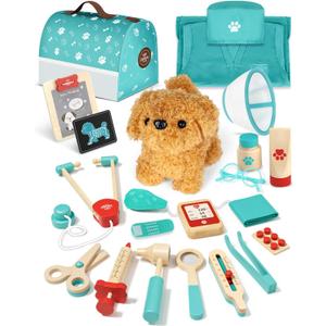 Lehoo Castle Wooden Doctor Kit for Toddlers 3-5 Girls Toys, Vet Toys for Kids, Pretend Play Doctor Set with Puppy, Stethoscope & Dress Up Costume Medical Accessories