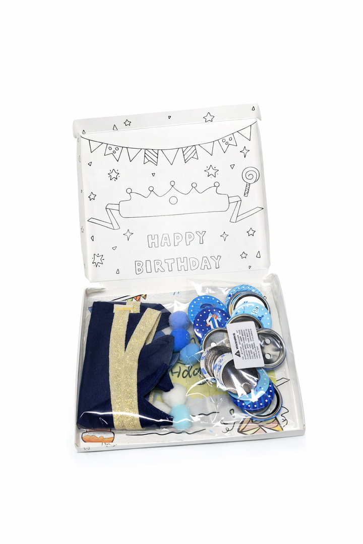 Blue Birthday Crown and Badge Set – Party Hat & Button Kit for Celebrations