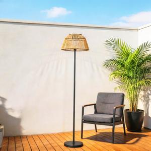 Solar Floor Lamp, 46" Outdoor Floor Lamp Waterproof, Warm Yellow Lights Dusk to Dawn 8-10Hr, Easy InstallHand Woven Faux Rattan Lampshade Design, Indoor Type-C port Rechargeable - Patio, Garden, Porch