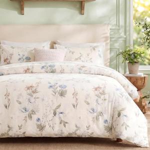 Floral Duvet Cover Queen Size 100% Cotton Reversible Duvet Cover Set with Zipper Closure 3 Pieces Soft & Breathable Green Garden Floral Comforter Cover Sets
