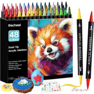 Recheel 48 Colors Acrylic Paint Markers, Dual Tip with Precision Fine Tip and Versatile Brush Tip Pens for Creative DIY, Crafting, Stone, Wood, Canvas, Glass, Metal, and More