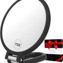 CLSEVXY Magnifying Handheld Mirror Double Sided, 1X 15X Magnification Hand Mirrors, Travel Folding Hand Held Mirror, 360Rotation Pedestal Makeup Vanity Mirror (Black)