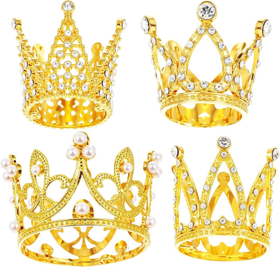 4 Pcs Crown Cake Topper, Gold Mini Birthday Crown Crystal Pearl Vintage Small Tiara Baby Princess Kueen Cake Crowns for Flower Arrangements Birthday Wedding Party Decor (Gold)