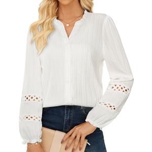 GRACE KARIN Women Dressy Casual Tops,Long Sleeve Button Down Ruffle Blouse,Work V Neck Shirt Summer Fall Business Outfit (Medium, White)