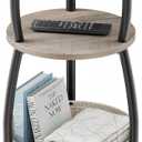 Round Side Table with Storage Basket Small Space Saving End Table 3-Tier Coffee Table Bedside Corner Stand for Living Room, Bedroom, Garden and More 24in Tall Greige (11.81" Dia)