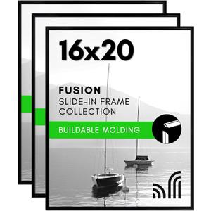 Americanflat 16x20 Picture Frame with Polished Front Cover - Set of 3 - Slide-In Photo Frame with Buildable Molding - Fusion Collection - Picture Frames for Wall Display - Black