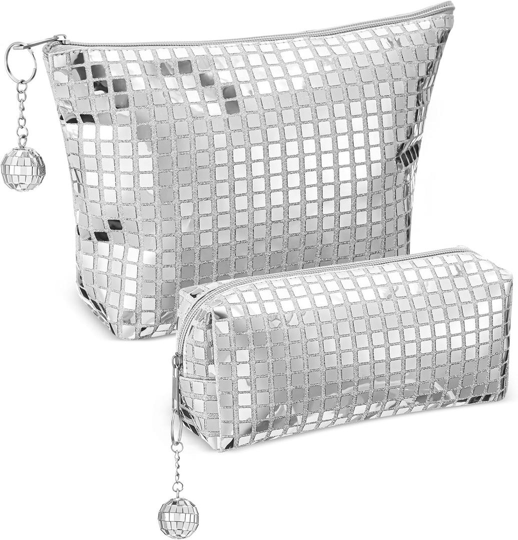 Reginary 2 Pcs Disco Cosmetic Makeup Bags Women Silver Glitter Sequin Mirror Purse Large Travel Handbag with Zipper Disco Ball Makeup Bag Party Decorations for Bridal Bachelorette Gift 70s 80s 90s