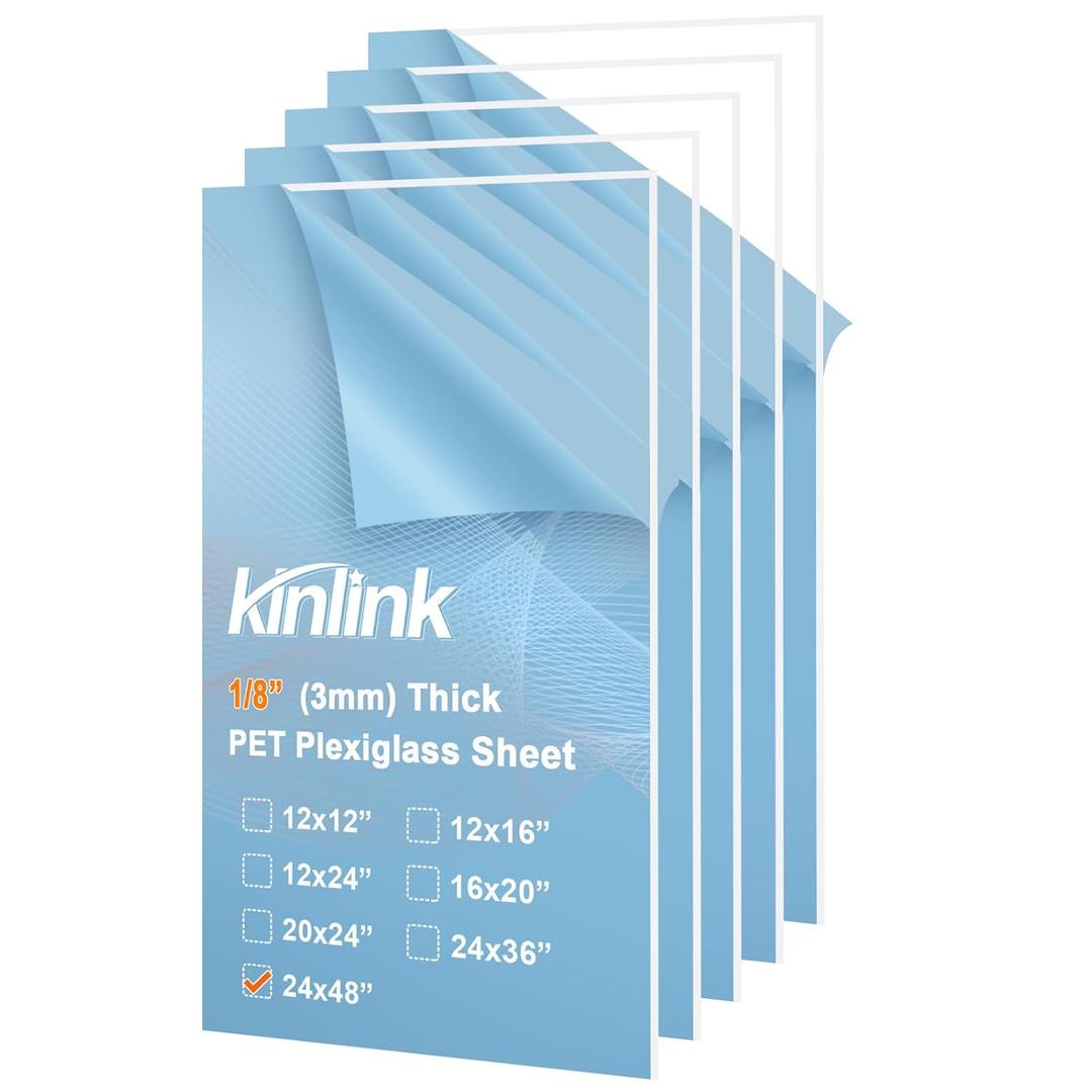 KINLINK 24x48 Plexiglass Sheets 1/8 inch Thick, 3mm Clear PET Large Acrylic Sheets Plastic Sheet for DIY Project, Craft, Table top, Picture Frame, Acrylic Sign and Wedding Invitation 5 Pack