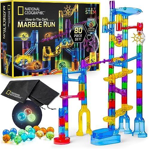 NATIONAL GEOGRAPHIC Glowing Marble Run – Construction Set with 15 Glow in The Dark Glass Marbles & Storage Bag, STEM Gifts for Boys and Girls, Building Project Toy 