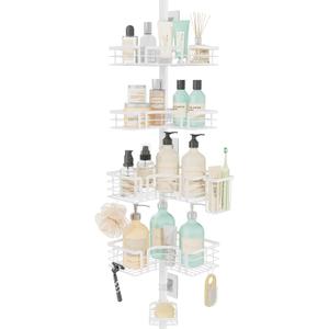 SWTYMIKI Shower Caddy Tension Pole - 4-Tier Corner Shower Organizer Tension Rod with Soap Holder, Toothbrush Holder & 4 Hooks, Adjustable Stainless Steel Bathroom Organizer 27.6 to 108.3 inch, White SWTYMIKI Shower Caddy Tension Pole - 4-Tier Corner Shower Organizer Tension Rod with Soap Holder, Toothbrush Holder & 4 Hooks, Adjustable Stainless Steel Bathroom Organizer 27.6 to 108.3 inch, White