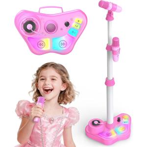 Kids Rechargeable Karaoke Machine Toys with Adjustable Stand, 3-5 4-6 7 8 Year Old Girls Wireless Microphone Gifts, Bluetooth Speaker with 2 Mic Toddler Birthday Gift for Girl Ages 3-8 (Pink)