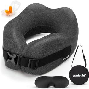 Neck Pillow Airplane Travel Set - Pure Memory Foam Neck Pillow, Plane Pillow for Long Flights Essentials, Sleeping Travel with 3D Contoured Eye Mask, Earplugs, Portable Bag (Gray)