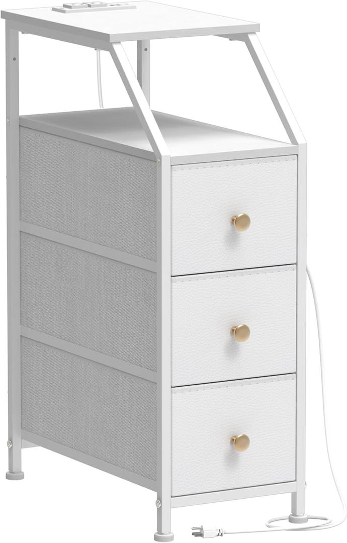 Tohomeor Narrow Dresser Tall Skinny Storage Tower Vertical Slim Chest of Drawers with Charging Station Small Nightstand Side Table for Bedroom, Bathroom, Small Spaces (White, 3 Drawers), 18.9"D x 9.8"W x 28.4"H
