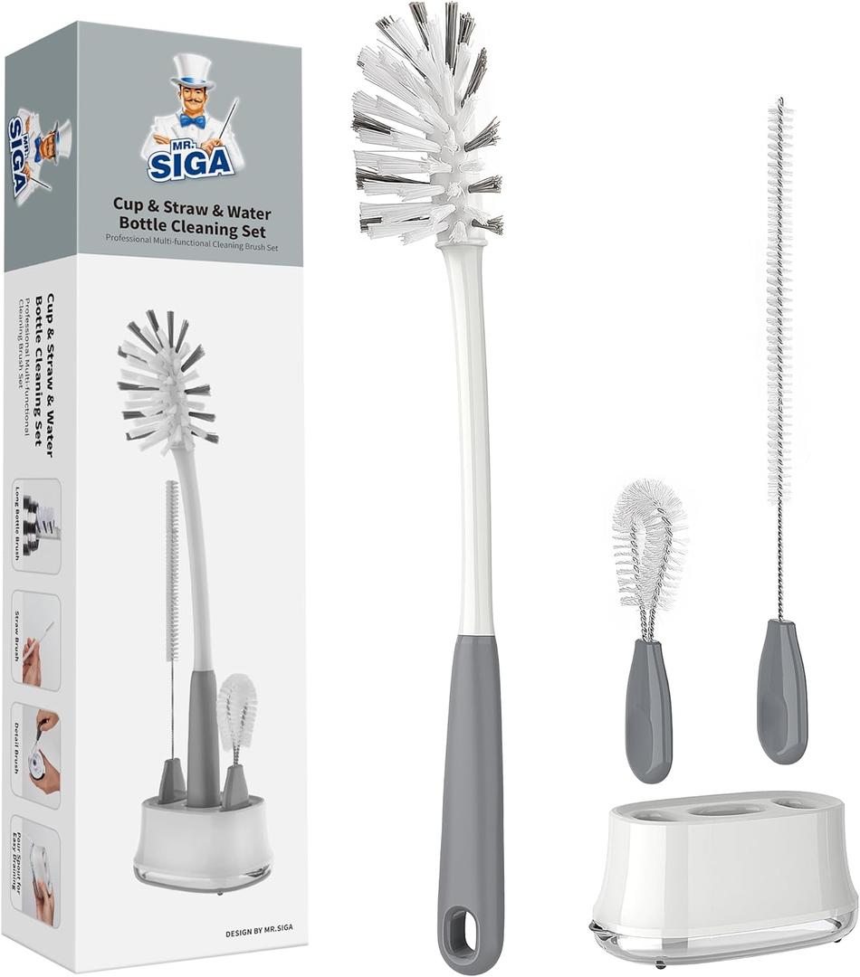 MR.SIGA Water Bottle Brush Cleaning Set with Storage Holder, Cleaning Brushes for Tumbler, Straw, Baby Bottles, Drinking Glasses