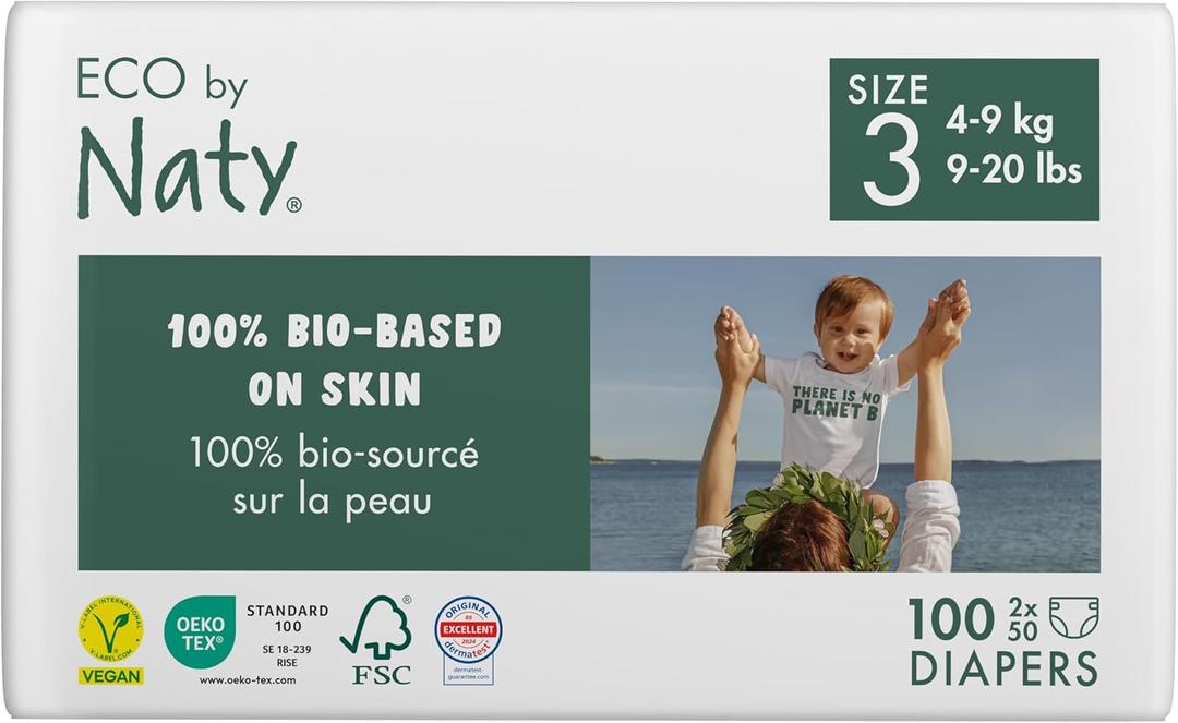 Eco by Naty Eco-Friendly Baby Diapers - 100% Plant-Based Materials on Skin, Soft, for Sensitive Skin & Super Absorbent (Size 3, 100 Count)