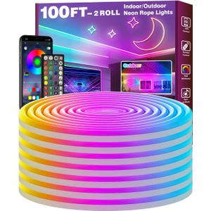 FBZ 100Ft Led Rope Lights, Flexible Neon Lights Control with App/Remote, Multiple Modes, IP65 Outdoor RGB Waterproof, Music Sync Gaming Light Strip for Bedroom Decor