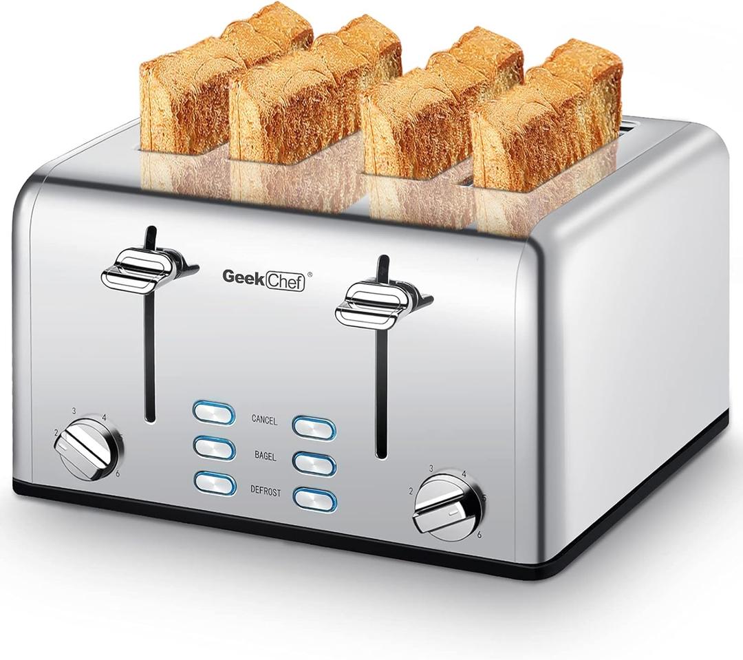 Toaster 4 Slice, Geek Chef Stainless Steel Toaster with Extra Wide Slots, 4 Slot Toaster with Bagel/Defrost/Cancel Function, Dual Control Panel of 6 Toasting Bread Shade Settings (11.5*10.43*7.09 inches)