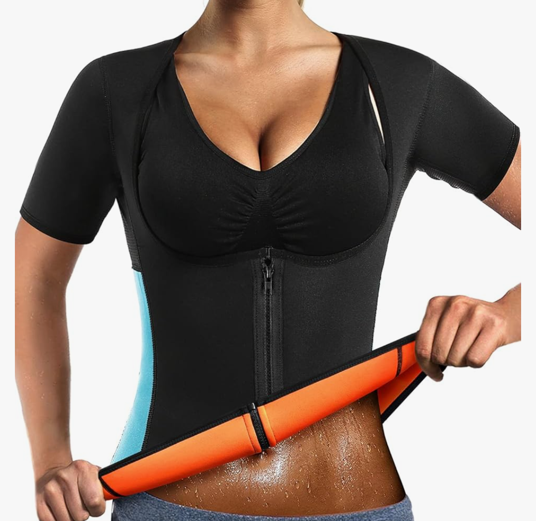 Women Sauna Sweat Vest with Sleeves Neoprene Fitness Shirt Workout Body Shaper Sport Tank Top L