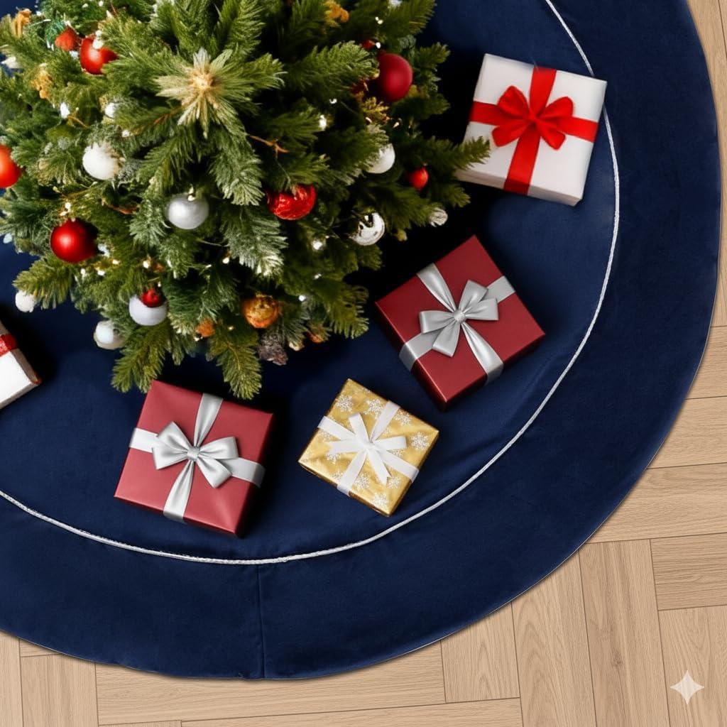 48 Inch Christmas Tree Skirt, Blue Velvet Fur Scallop Tree Skirt, Vintage Style Christmas Tree Dcor for Merry Christmas Party Christmas Tree Decoration Holiday Party Home Decor Indoor Outdoor B3