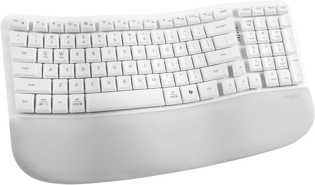 Nulea RT08 Wave Keys Wireless Ergonomic Keyboard with Cushioned Palm Rest, 2.4GHz Ergo Cordless USB Computer Keyboard, Comfortable Natural Typing, for Laptop, Mac, Windows (White)