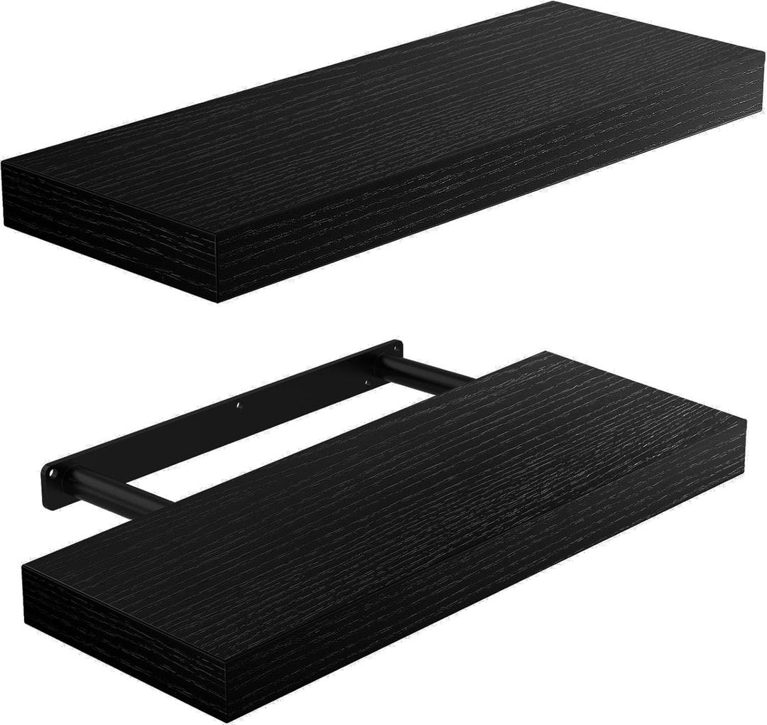 Amada HOMEFURNISHING Floating Shelves Wall Mounted, 15 x 7 Inch Wall Shelves for Bathroom, Bedroom, Living Room, Black Shelves Set of 2, Black 
