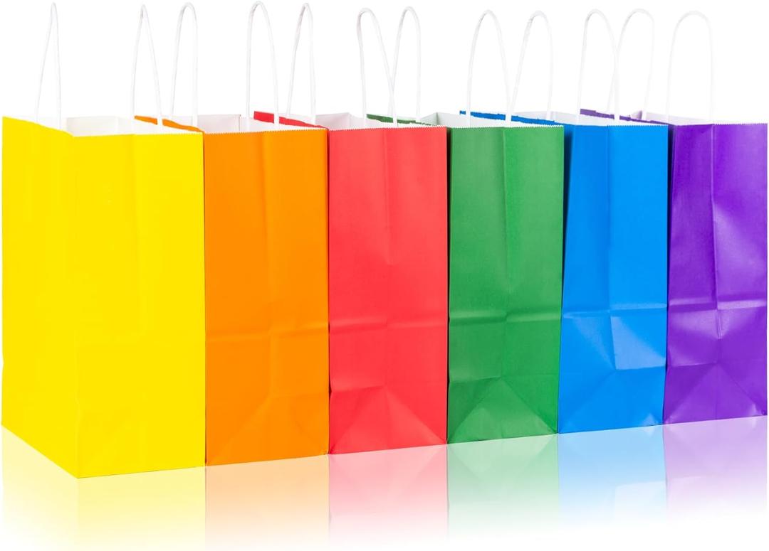 PakTalk [24 Pack Gift Bags Medium Size 8x4.25x10.5 inches Paper Party Favor Bags 6 Colors Red Orange Yellow Green Blue Purple Goodie Bags for Birthday, Wedding, Baby Shower, Party Supplies (Multi)