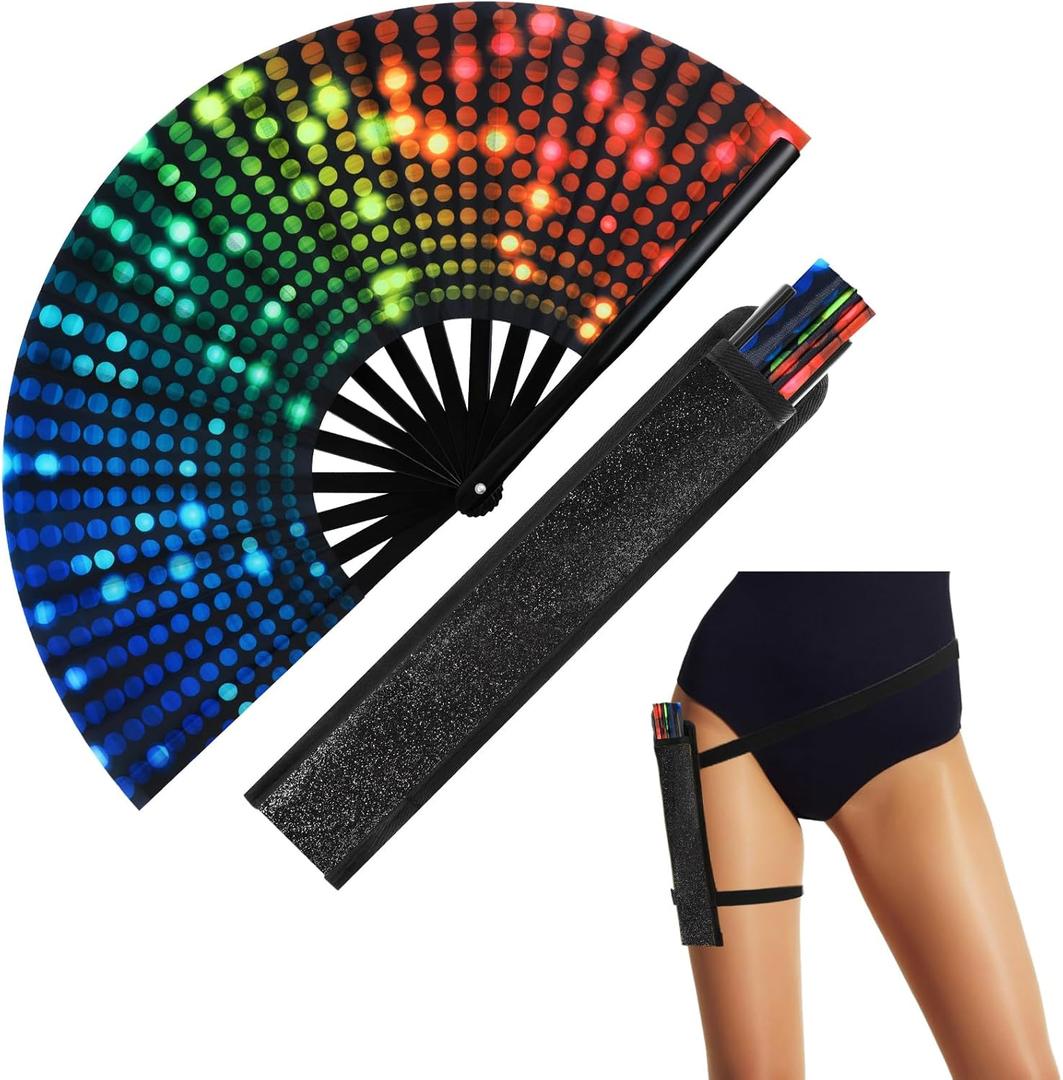 Large Rave Fan UV Glow Hand Fan with Holster for Men Women Disco Party Supplies for Carnival St. Patrick's Day Edm Music Festival Club Rave Accessories(Neon)