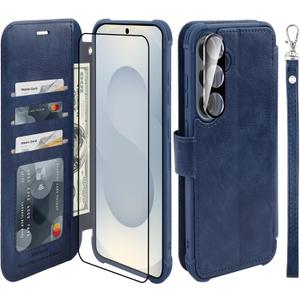 VANAVAGY Wallet Case for Galaxy S25 with RFID Blocking Card Holder,Folio Flip Leather Magnetic Protective Phone Cover with Wrist Strap Phone Case with Kickstand for S25 6.2inch, Navy Blue