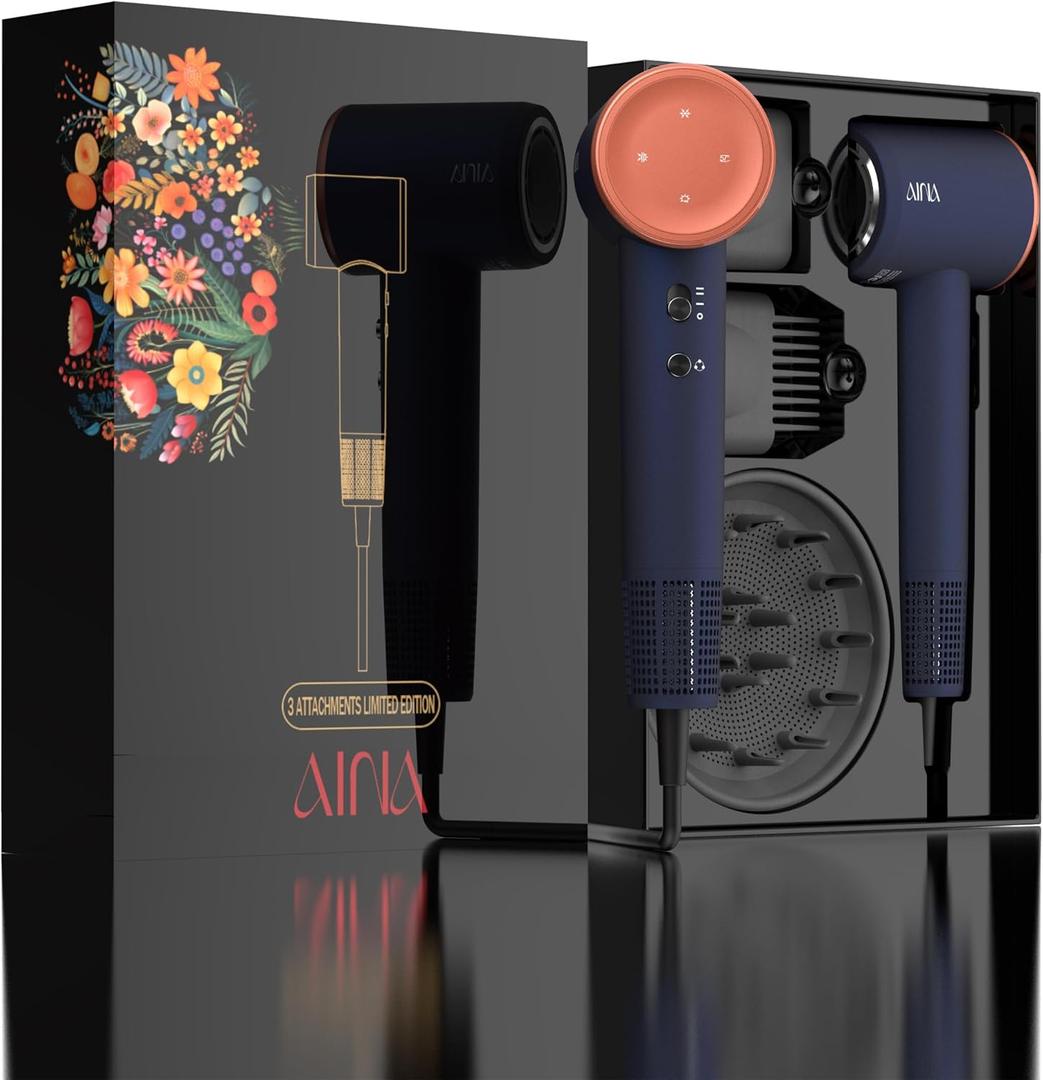 AINA Hair Dryer,Blow Dryer with Diffuser Brush Comb for Women - BLDC Hair Dryer - Brushless Motor, 110,000 RPM Lightweight,Ionic Travel, 3 Magnetic Attachments 110V/ALCI(Blue Golden)