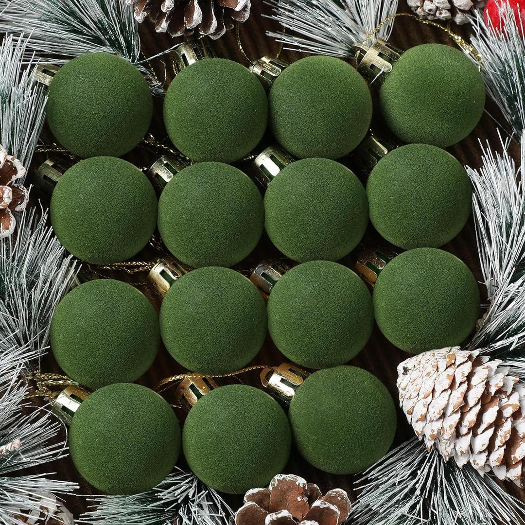Liliful 15 Pcs Velvet Christmas Balls Bulk Flocked Christmas Tree Ball Ornaments Plastic Xmas Decorative Hanging Ornaments(Green,1.57 Inch)