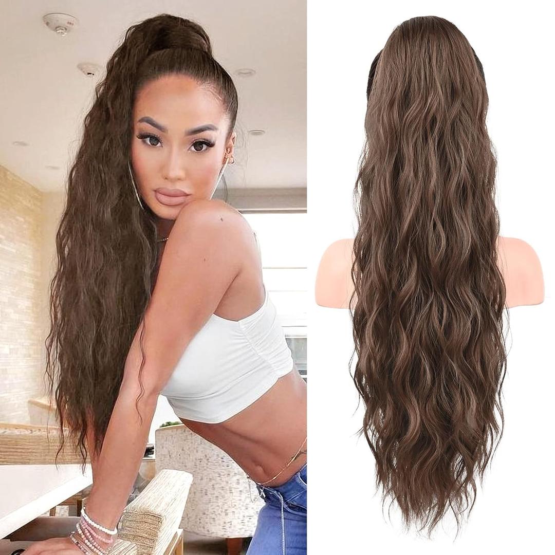 FLUFYMOOZ Ponytail Extension, 26 Inch Drawstring Ponytail Hair Extensions for Women Long Curly Wavy Ponytail Natural Wavy Synthetic Hairpiece for Women (26 Inch Brown with Auburn)