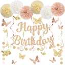Champagne Gold Birthday Decorations for Women, Pre-Strung Happy Birthday Banner with Tissue Paper PompomsHanging Swirl Streamers, 3D Butterfly Decorations, Beige Boho Birthday Party Supplies