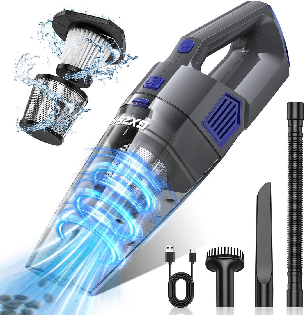 Gxzsk Handheld Vacuum Cordless, 15000PA Strong Suction Hand Held Car Vacuum Cleaner Rechargeable, Portable Hand Vacuum with Multi-Nozzles & Washable Filter for Home Office, Car, Pets (Gray & Deep Blue)
