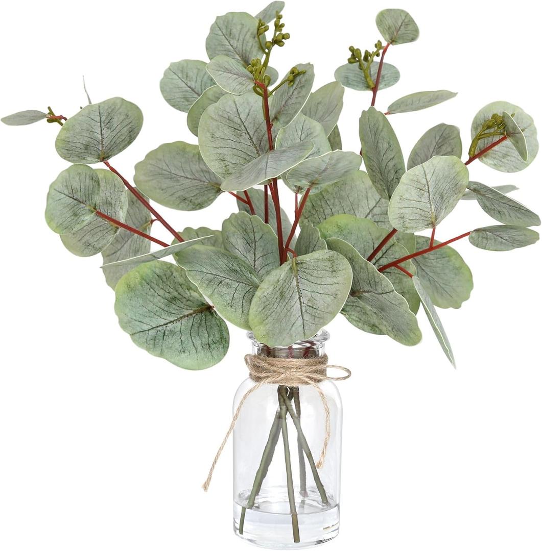 Muhanjia Artificial Eucalyptus Stems in Glass Vase with Faux Water,5Pcs Fake Plant with Double-Sided Leaves and Green Seeds for Centerpiece (Double-Sided Green Eucalyptus with Seed)