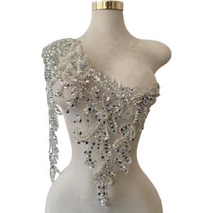 Single Right Sleeve Dress Accessories Luxury Decorative Appliqu Pure Hand Sewn Beads Rhinestones Trim Patches (Silver)