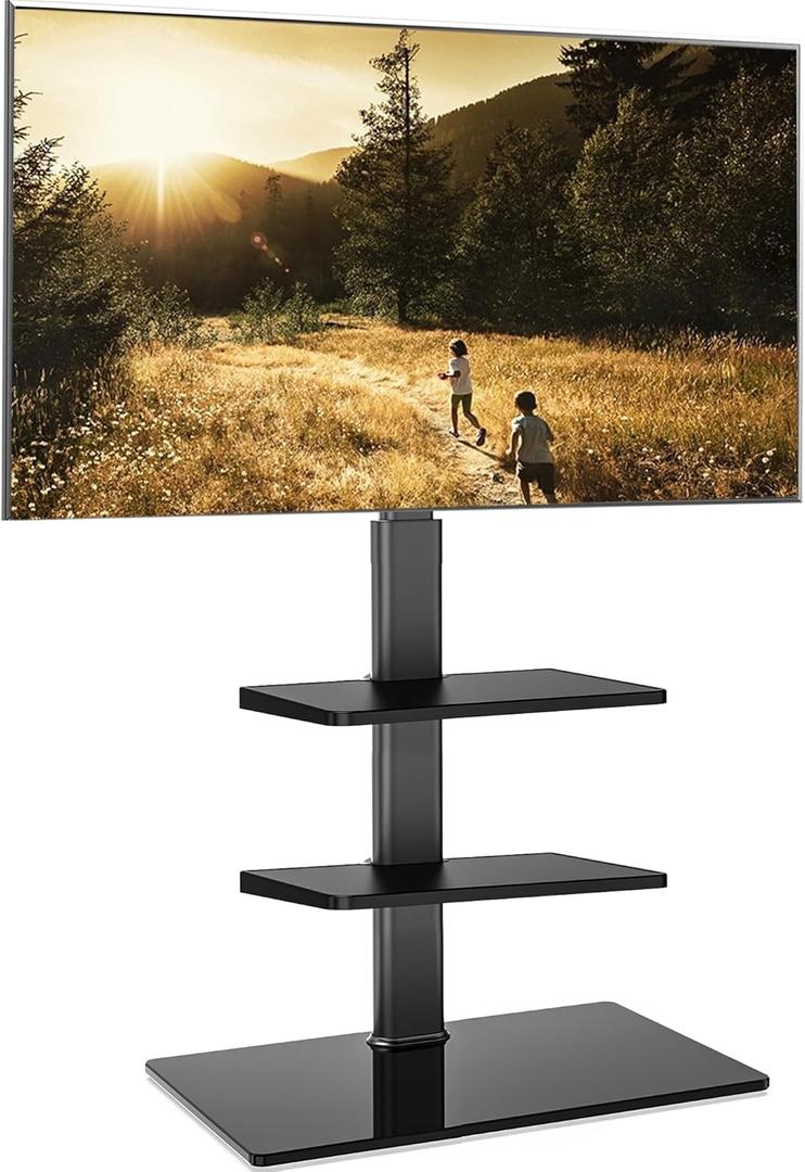 FITUEYES Floor TV Stand for 32 39 40 43 49 50 55 60 Inch TVs, TV Floor Stand with Swivel Mount, Max Holds 66lbs, White Glass Base, Height Adjustable TV Mount for Corner & Bedroom (With 2 Shelf, Black)