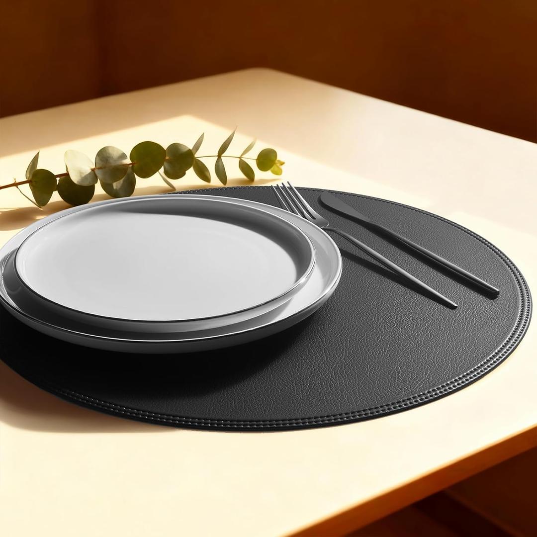 Round Vinyl Black Placemats Set of 6, Faux Leather Waterproof Wipeable Heat Resistant Place Mats, Washable Table Mats for Halloween, Thanksgiving & Christmas Dinner(Black), 15''X15''