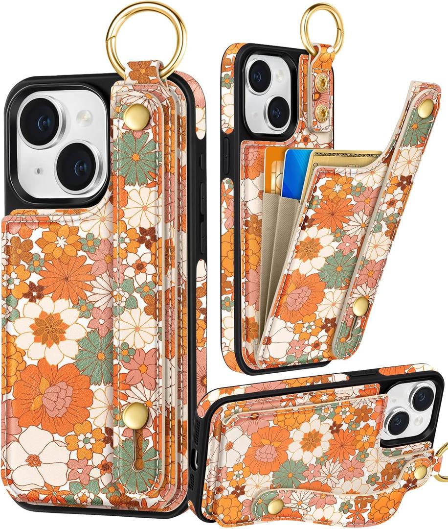 Petitian for iPhone 15 Case with Wallet - Women Girls Cute Girly Aesthetic Unique Design with Leather Credit Card Holder Cardholder Stand Wristband for Apple 15, Orange Floral