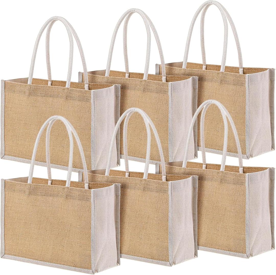 6 Pcs 12.6 x 8.6 x 5.1 Inches Burlap Tote Bags with Handle, Reusable Blank Jute Gift Bags for Wedding Bridesmaid Shopping Beach DIY