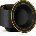 Jinei 150 Pieces 6 oz Plastic Bowls with Rim Small Disposable Soup Bowls for Dessert Salad Soup Candy Wedding Thanksgiving Catering Holidays Party Supplies (Black,Gold Rim)