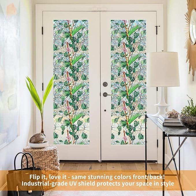 Window Privacy Film Home Decorative Colored Glass Window Stickers Reusable electrostatic Rainbow Stickers (Leafy Wonder Rainbow, 35.4 x 78.7 in)
