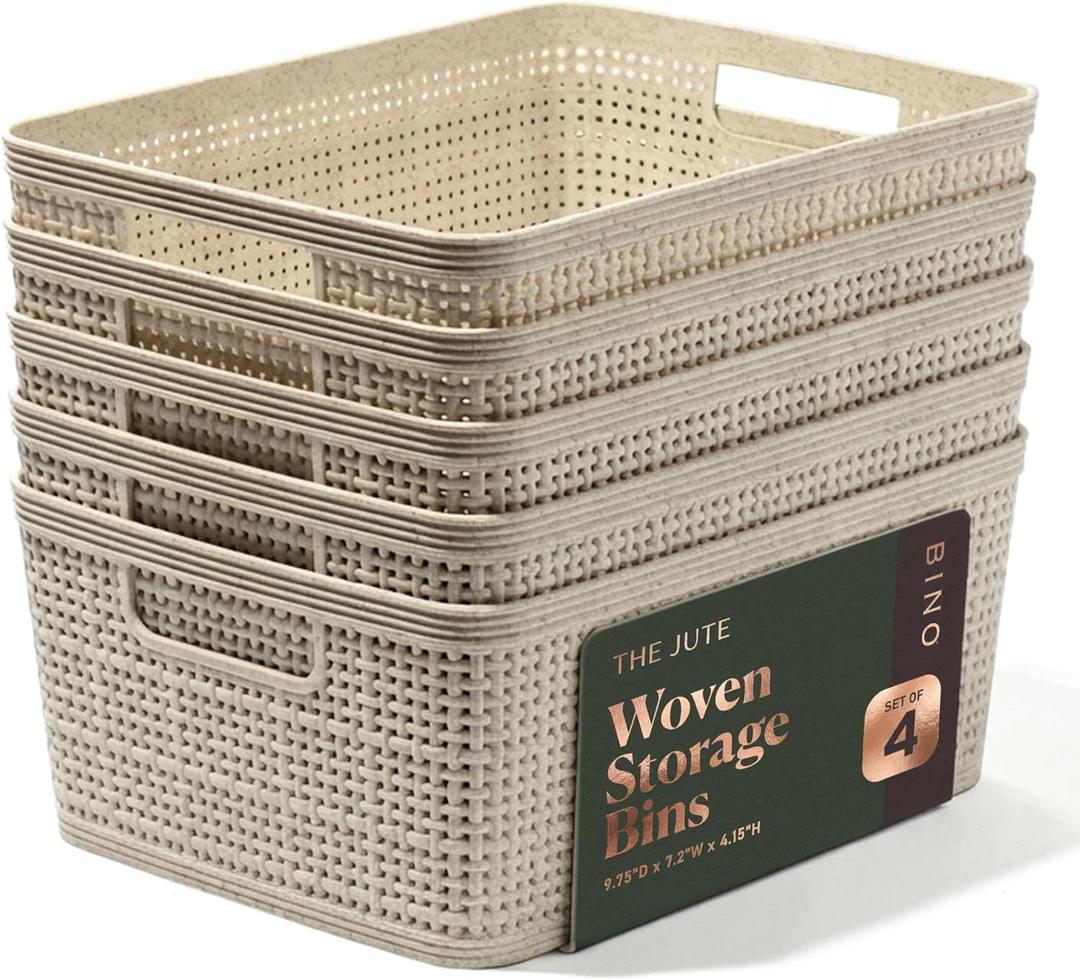 BINO | Woven Plastic Basket | Small (Natural), 5-Pack | THE JUTE COLLECTION | Home Organization, Space - Saving Storage, Stylish Design | Jute Basket | Plastic Storage Basket