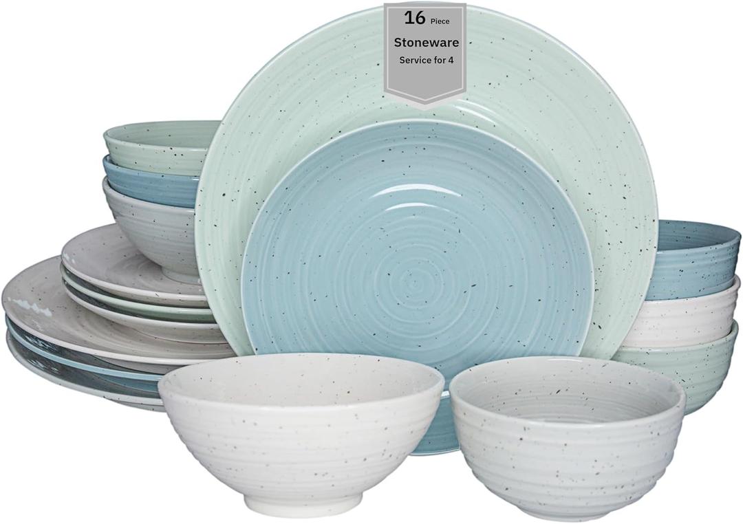 Sango Siterra Artist's Blend 16-Piece Stoneware Dinnerware Set  Service for 4, Mixed Glossy Finish with Unique Speckled Design, for Everyday Dining & Entertainment, Dishwasher & Microwave Safe