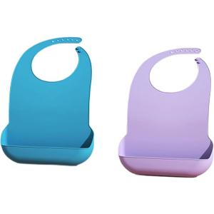 2 Pieces Adult Bib Large Silicone Adult Bibs With Crumb Catcher, Adjustable Waterproof Clothes Protector, Bibs For Elderly Women And Men, Senior Citizen Feeding Bibs – Unisex (Blue, Purple)