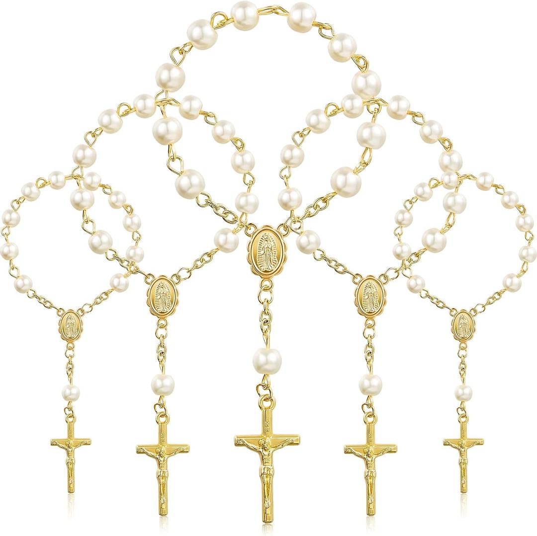 30 Pieces Baptism Rosary Acrylic Rosary Beads Ivory Color Mini Finger Rosaries Gold Plated Faux Pearls for Baptism Christening Communion Weddings Party Favors